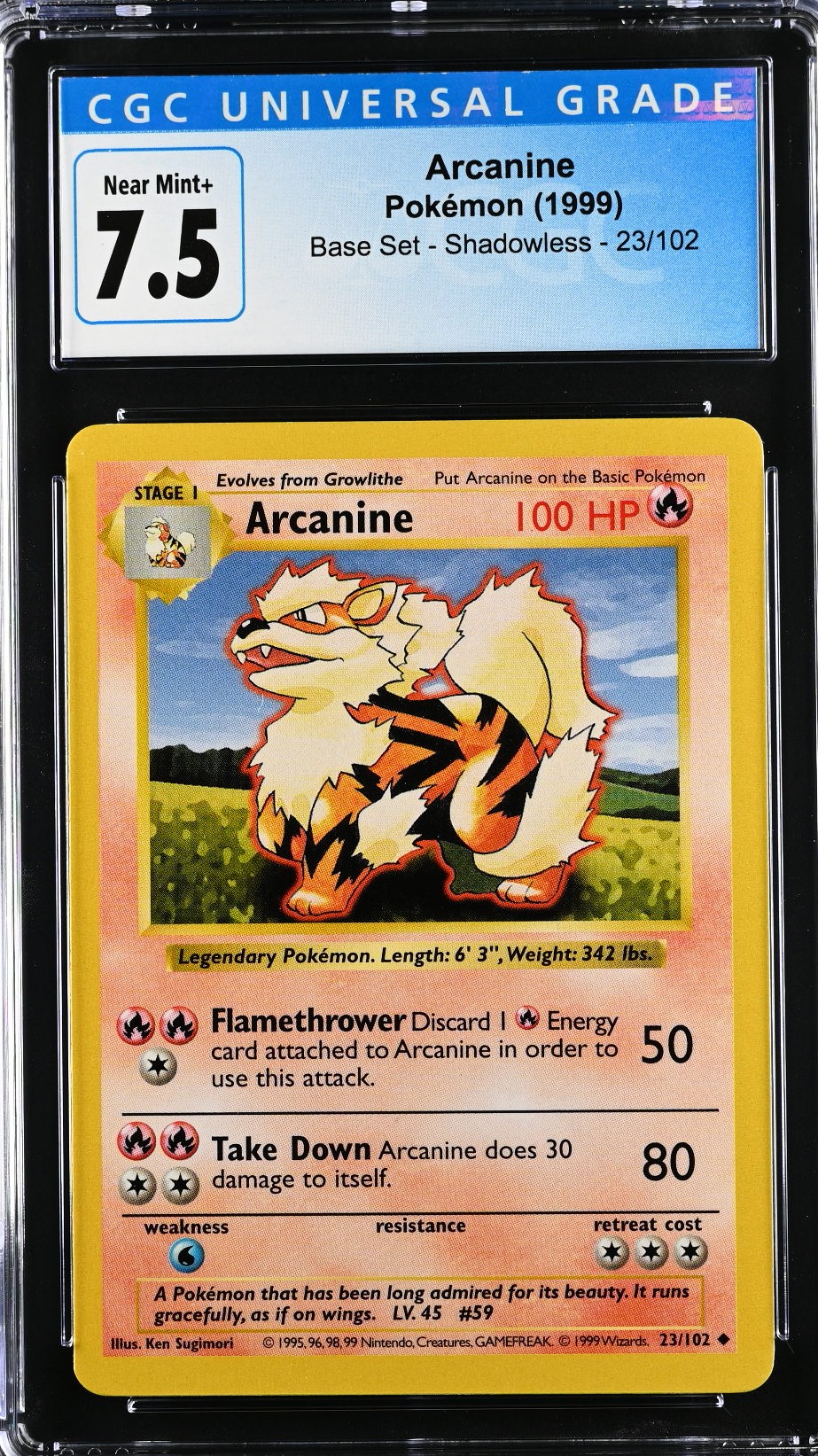 1999 #23 Arcanine Shadowless CGC 7.5 Base Set (Shadowless) - English